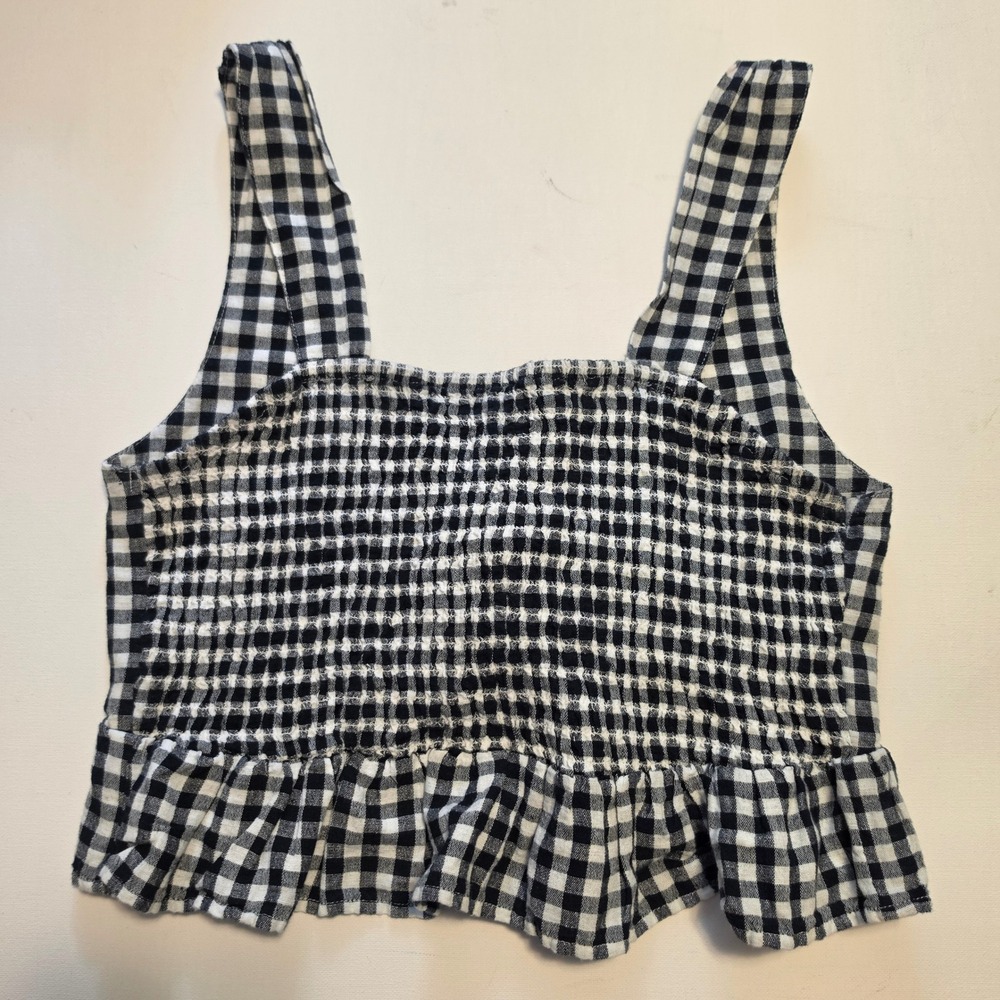 American Eagle Gingham Smocked Tie Back Peplum Crop Top Black White Small